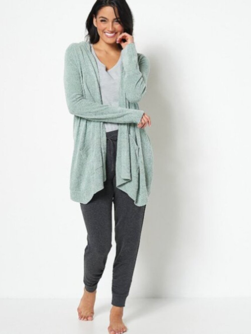 Barefoot Dreams CozyChic Ultra Lite Hooded Seashore Cardigan Sage Size L